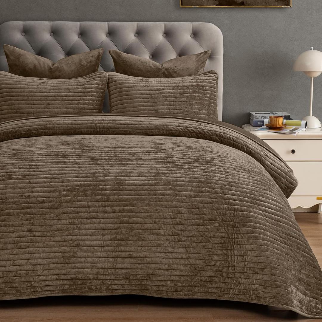 PHF Luxury Velvet Quilt Set Queen Size – 3PCS Ultra Soft Quilted Comforter Alternative with Striped Channel, Cozy Quilted Bedspread, 1 Coverlet with 2 Matching Shams, 90" x 92", Oxford Tan