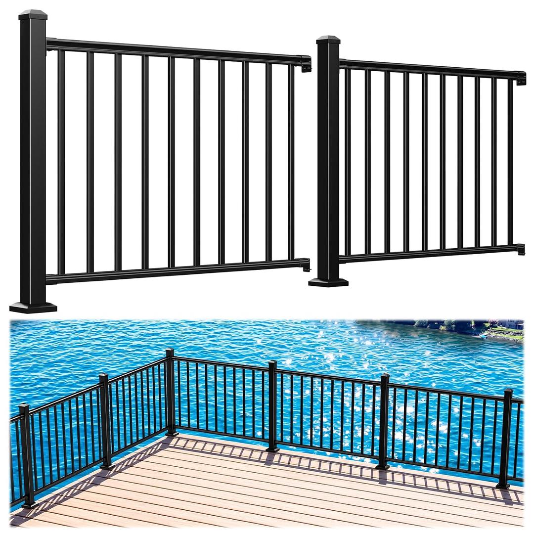 Egadis 2 Pack 36 in. H x 4 ft. W Porch and Deck Railing Kit, Aluminum Railing Kit, Black Textured AAMA 2604 Powder-Coat Finish Rail System for Outdoor Decks, Porches & Balconies(2 Post, 2 Panel)