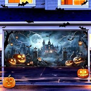 7x16ft Halloween Garage Door Banner Large Hanging Backdrop Door Cover Gloomy Garage Wall Decoration Backdrop Mural for Home Outdoor Indoor Spooky Party Wall Window Yard