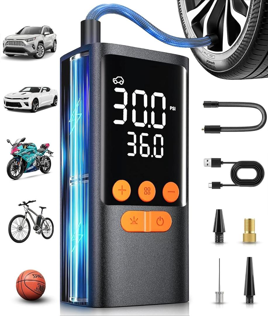 Tire Inflator Portable Air Compressor - Cordless Air Pump for Car Tires - 150PSI &10000 mAh Battery Portable Tire Inflator for Car with Pressure Gauge, Motorcycle, Ball, Mini Tire Pump for Bike