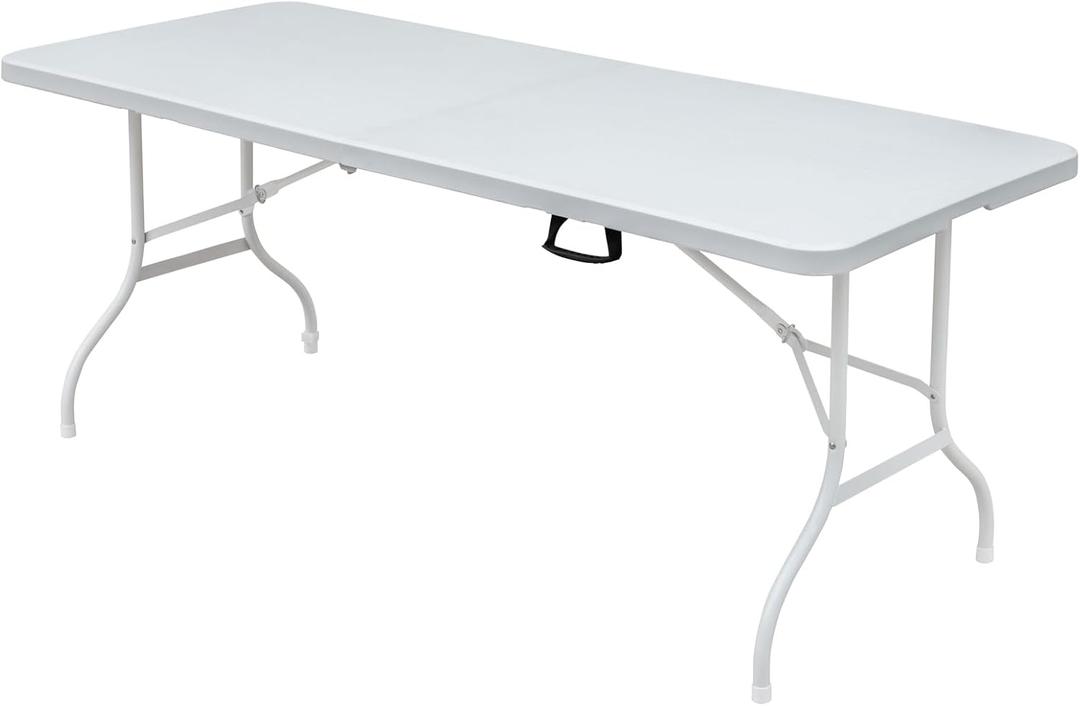 Folding Table 6FT,Portable Heavy Duty Plastic Table With Handle,Adjustable Height, Waterproof Easy to Clean, 300LBS Capacity, Anti-Slip Feet, Easy to Fold and Store, for Indoor and Outdoor Use(White)