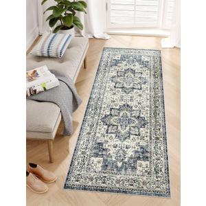 Dripex Tribal Washable Runner Rug-2x5 Non-Slip Non-Shedding Runners for Hallways Stain Resistant Kitchen Mat Laundry Entryway Carpet Runner for Doorway Entrance Bedroom Living Room Decor (Dark Blue/Cream)