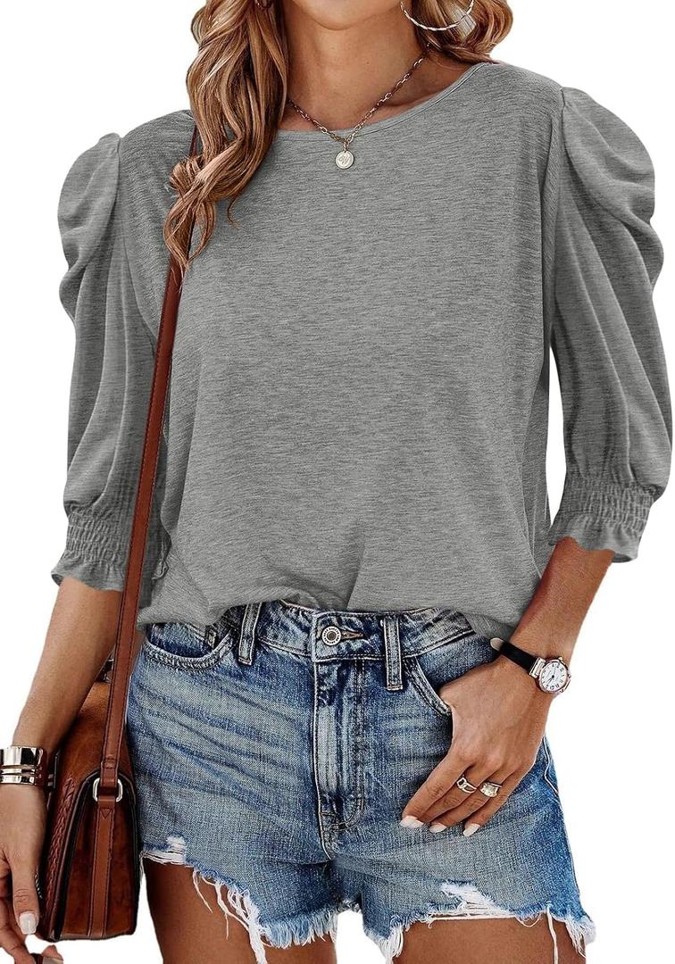 Tankaneo Womens 3/4 Length Sleeve Tops Dressy Casual Blouse Puff Sleeve Cute Trendy T Shirts with Smocked Cuffs (Gray)