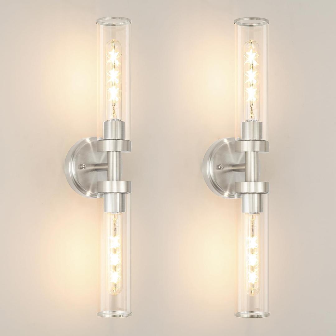 Brushed Nickel Wall Sconces Set of 2, Modern Bathroom Vanity Lights for Mirror, Hardwired Glass Wall Light Fixtures with E26 Base (Bulbs Required) for Bathroom, Bedroom, Hallway, 22.05 Inch
