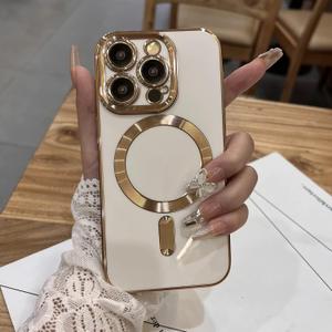 OOK for iPhone 14 Pro Max Case with Camera Lens Cover [Compatible with Magsafe] Luxury Plating Edge Magnatic Black Soft TPU Shockproof Protective Phone Cover for Women Men 6.7 Inch - White (iPhone 14 Pro Max, White)