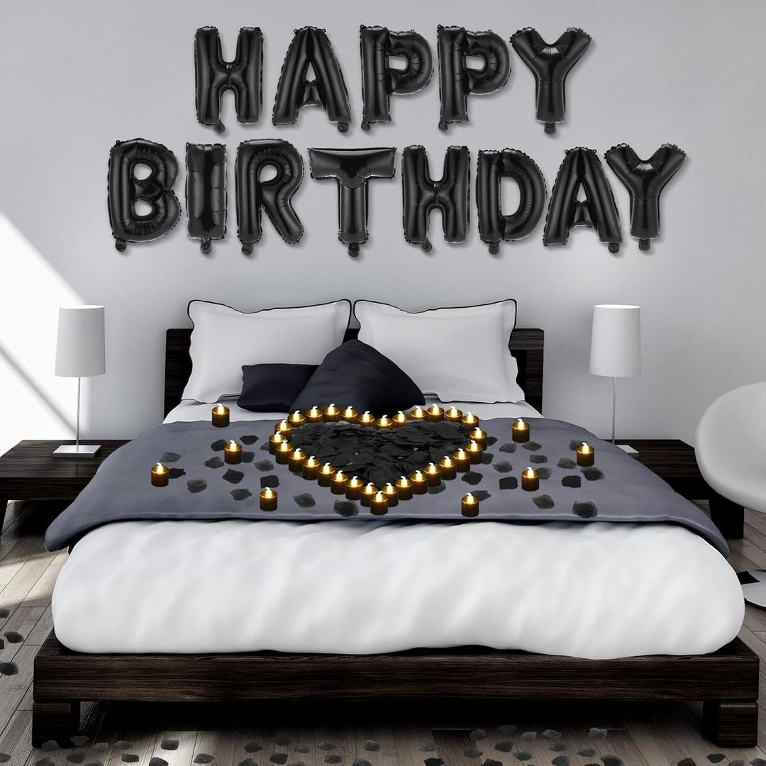 Black Happy Birthday Balloons Decorations Happy Birthday Letter Balloons Banner Set with 24pcs Round Flameless LED Candles and 2000pcs Artificial Rose Petals for Women Men Room Party Decor