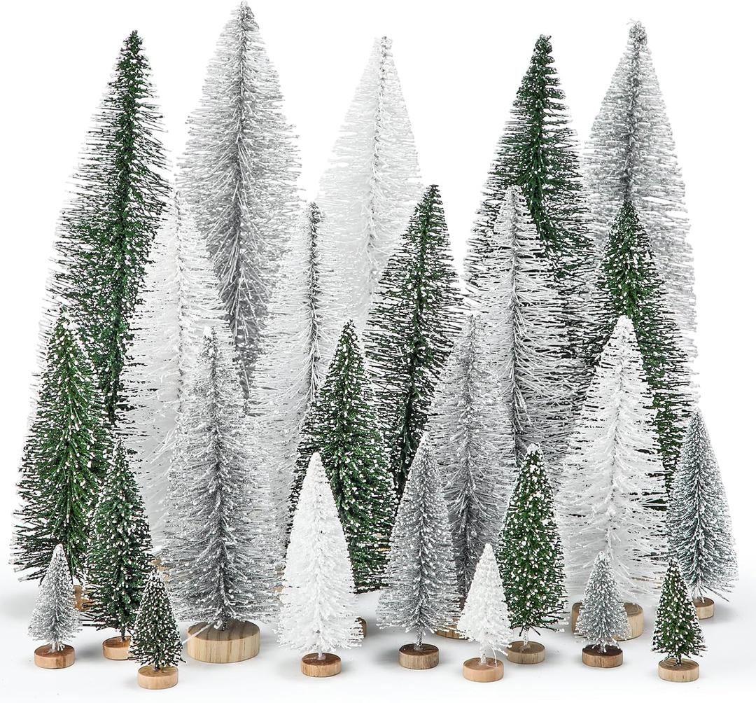 Geetery 25 Pcs Mini Christmas Trees, Artificial Bottle Brush Trees with Wooden Base, Christmas Village Sisal Snow Tree for Xmas Tabletop Home Winter Decor, 5sizes (Dark Green,Silver,White)