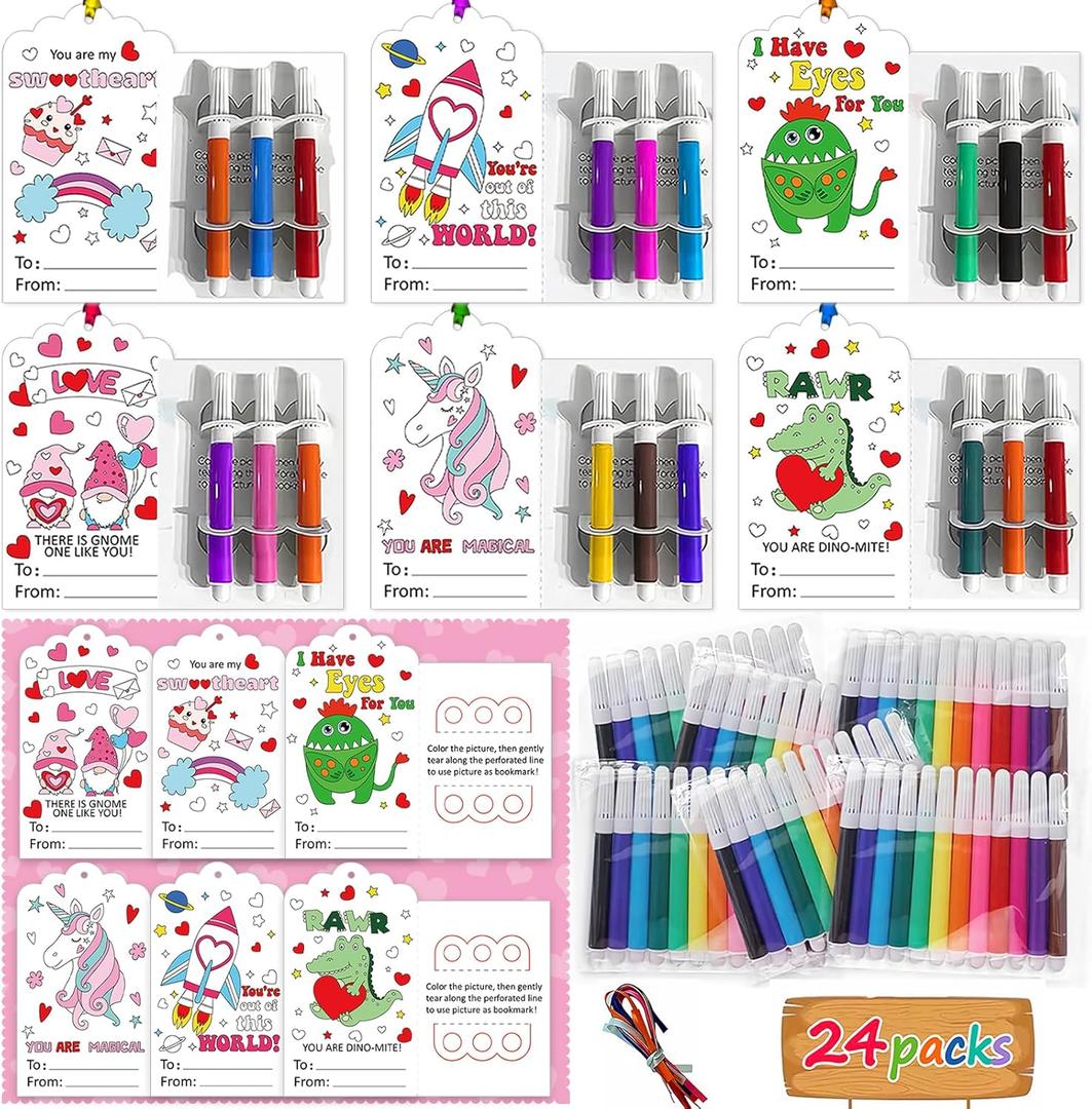 Valentines Day Gifts for Kids, 24 Pack Valentine's Cards with Bookmarks Colored Pens - for School Classroom Gift Exchanges Valentines Party Favor Supplies Valentine's Prizes for Kids