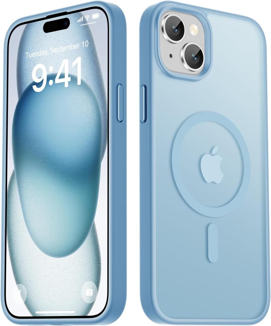 LATVIN for iPhone 15 Plus Case & iPhone 14 Plus Case, Magnetic Phone Cover, Compatible with MagSafe, Military Grade Protection, Translucent Matte Frosted Back, Light Blue