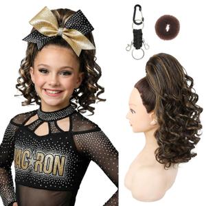 SEIKEA Cheer Ponytail Hair Piece, 14" Curly Cheerleader Hairpiece Ponytail Extension for Cheerleader Competition, Dance Brown with Blonde Highlights