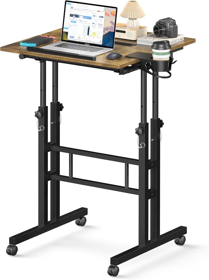 Enayplon Small Standing Desk with Wheels, Mobile Stand Up Desk, Portable Standing Table on Wheels for Walking Pad, Rolling Computer Desk Adjustable Height, Tall Table (Brown)