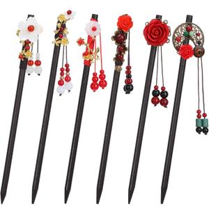 WILLBOND 6 Pcs Chinese Hair Sticks Japanese Vintage Wooden Chopsticks Accessories for Women Asian Floral Stick Classic Retro Tassel Flower Pins Handmade for Long Hanfu Hair (Vintage Red Tassel)