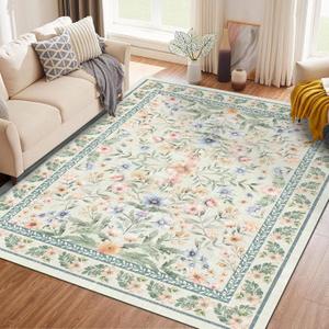 Washable Floral Area Rug 5'7' Beige Green Pink Boho Large Living Room Rug Non-Slip Soft Colorful Oriental Vintage Bedroom Carpet Dining Room Nursery Home Office Indoor Decor