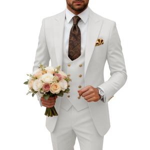 Men's Suit Slim Fit 3 Piece Double Breasted Suits Prom Tuxedo Set Formal Casual Jacket Blazer Vest Pant Wedding Suit for Men (Ivory), 3XL