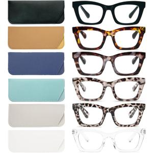 REAVEE 6 Pack Reading Glasses for Women Blue Light Blocking, Cute Square Computer Readers with Spring Hinge
