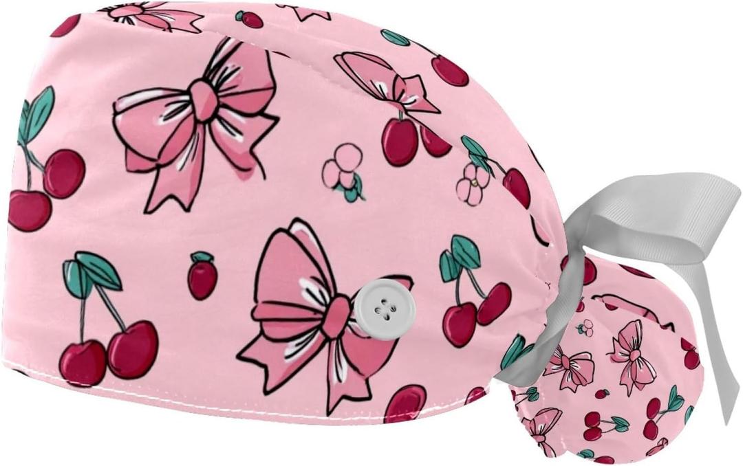 2 Pieces Women Scrub Caps Hearts and Bows Adjustable Working Cap with Buttons and Sweatband Surgical Hat