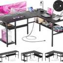 Reversible L Shaped Computer Desk with Power Outlets and USB Charging Ports, Sturdy Corner Desk with Storage Shelf, Modern Work Gaming Table for Home Office, Easy to Assemble, Black (L Shaped Desk)
