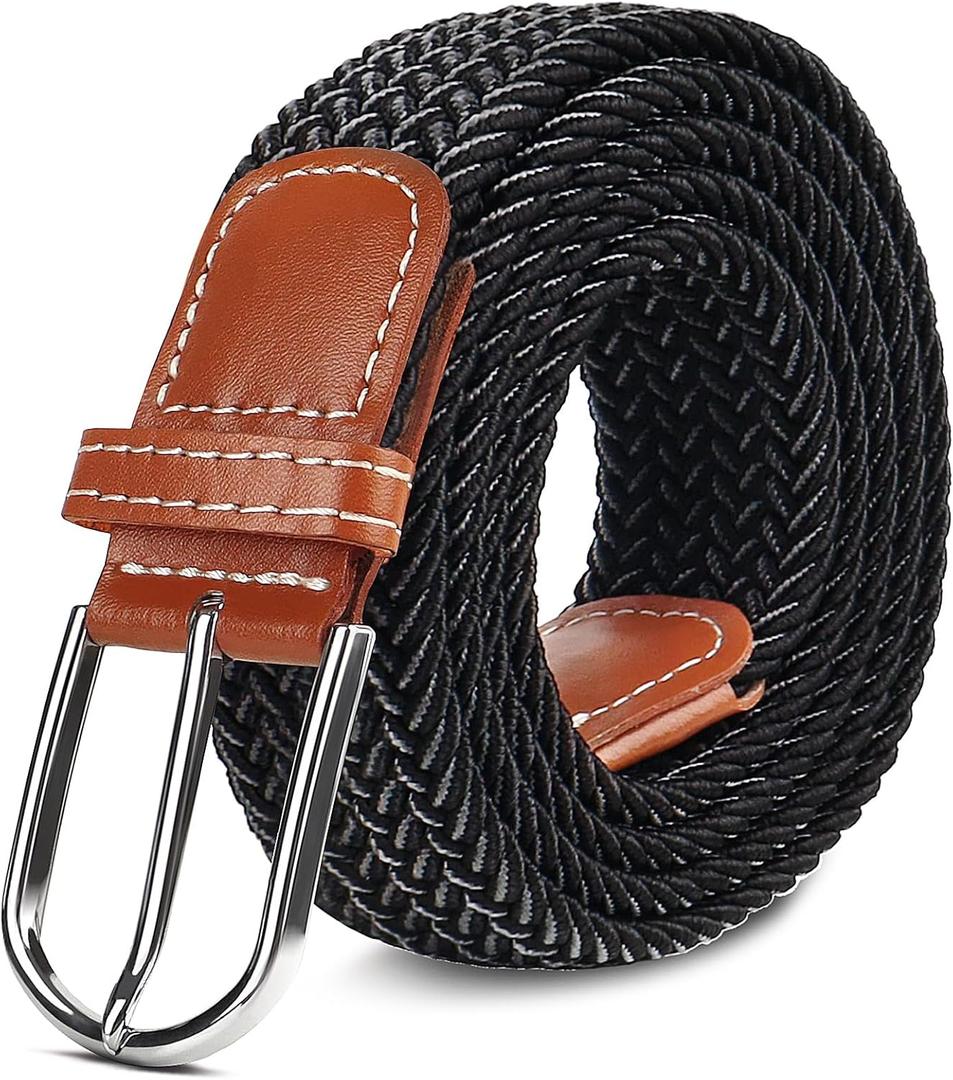 Multicolored Woven Stretch Belt for Men and Women, Braided Elastic Golf Belts Jeans Casual Pants Sport Belt (for Waist Size 32"-37", Black and White)