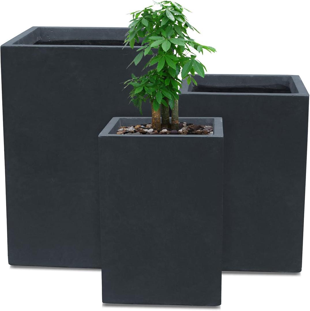 Kante 18.5",15.7",12.6" H Tall Rectangular Concrete Planters Set of 3, Outdoor Indoor Lightweight Plant Pots with Drainage Hole and Rubber Plug, Modern Style for Home Garden Patio, Charcoal