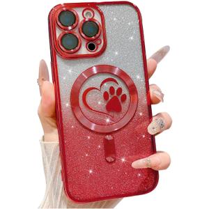 for iPhone 16 Pro Max Case, Glitter Clear Cute Paw Love Heart, Compatible with MagSafe, Strong Magnetic Full Camera Lens Protection Cover, Soft Slim Bling Phone Case 6.9" - Red