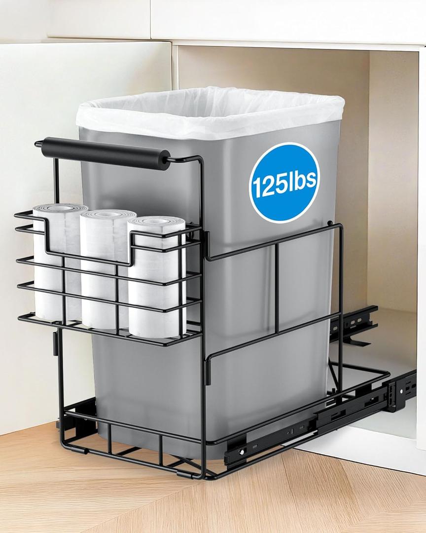 Pull Out Trash Can Under Cabinet, Under Sink Trash Can Kit for 7.5-10 Gallon with Garbage Bag Holder, Heavy Duty Steel Frame, Holds Up to 125 lbs, Easy to Install (Bin Not Included)