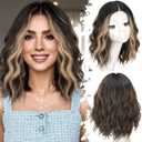 Dark Brown Mixed Blonde Short Wavy Wig for Women Lace Hairline Bob Style Synthetic Heat Resistant - Natural Appearance for Everyday Hairstyle 14 Inch