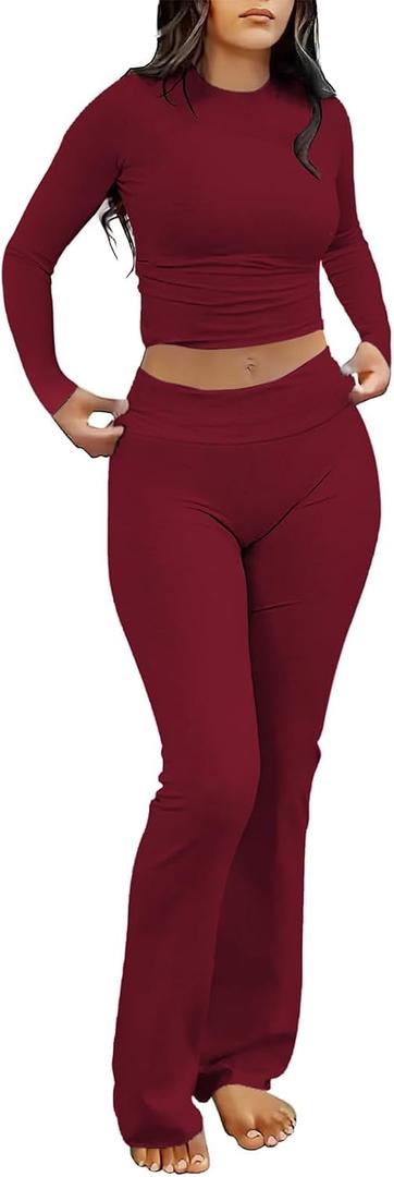kaimimei Women's 2 Piece Lounge Outfits Slim Long Sleeve Tops High Waist Foldover Flare Leggings Sets Casual Yoga Sweatsuit (Red, S)