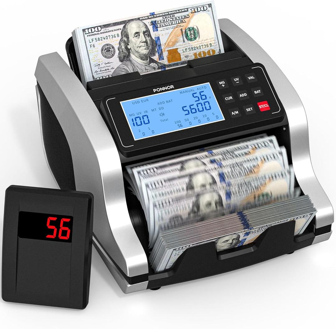 PONNOR Money Counter Machine with Value Count, UV/MG/IR/MT/DD Counterfeit Bill Detection, Dollar Euro Cash Counter with Count/Add/Batch/Auto Modes, External LCD Display