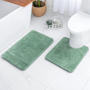 MIULEE Sage Green Bathroom Rugs Set 2 Piece, Soft Absorbent Microfiber Bath Mat and U-Shaped Contour Toilet Rug, Non Slip Quick Dry Washable Plush Shaggy Bath Rugs for Bathroom20"x30"+20"x24"