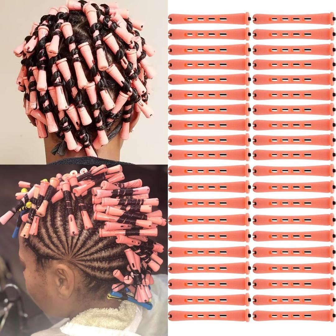 40 Pieces Hair Perm Rods For Long Short Hair Plastic Pink Perm Rods For Black Women Non-slip Hair Roller with Elastic Rubber Hairdressing Styling