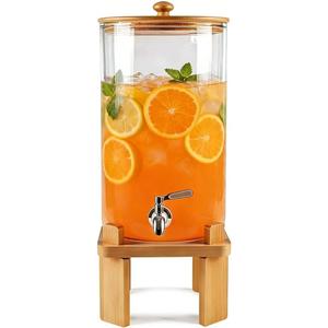 2.3 Gallon Large Glass Drink Dispenser for Parties, Glass Beverage Dispenser with Wood Stand, Juice & Lemonade Dispenser, Iced Beverage Dispenser with Spigot, Water Dispenser for Party with lid