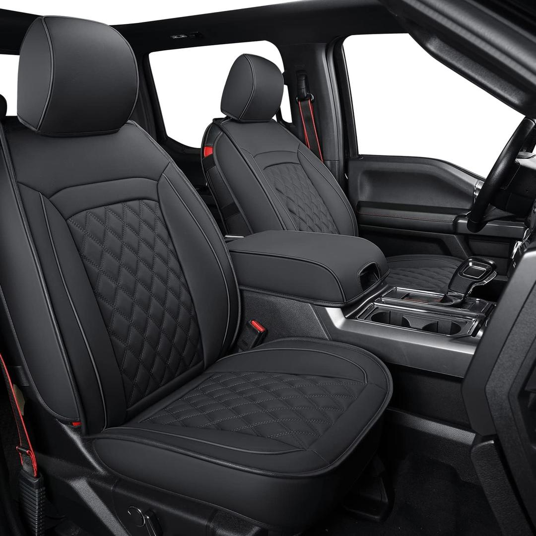 LUCKYMAN Club F150 Faux Leather Seat Covers Fit for 2010-2014 F150 2011-2016 F250 F350 F450 Pickup Trucks (Front Pair, Black 2 Pcs)