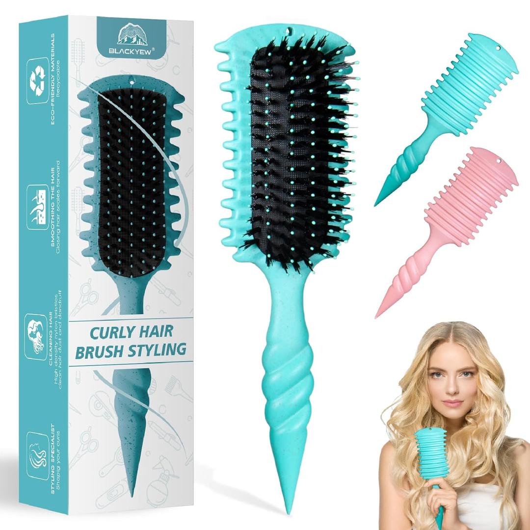 Curly Hair Brush - Curl Defining Wide Tooth Brush with Soft Boar Bristles, Detangling Brush for Frizz-Free Curls, Wet & Dry Hair Styling Tool for Women & Men, Ergonomic Handle (Teal)