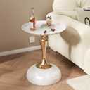 Small White Round Side Table with Gold Pedestal Base - Modern Chic Accent End Table for Living Room, Bedroom & Office Spaces