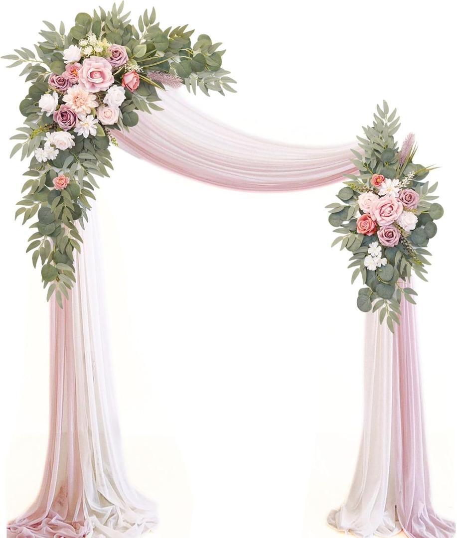 Artificial Wedding Arch Flowers Kit(Pack of 4),2Pcs Artificial Flower Arch Decor, 2Pcs Chiffon Fabric Drapes, Ceremony Decoration, Floral Outdoor Party Decor (Dusty Rose & Champagne)