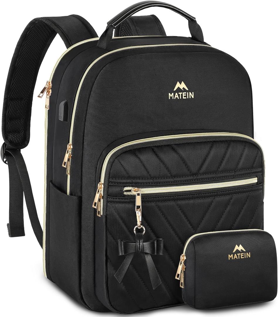 MATEIN Backpack Purse for Women, 15.6 inch Cute Stylish Waterproof Backpack Purse with USB Port, Fashion Waterproof Casual Daily Shoulder Bag for College Work Travel, Gifts for Ladies, 2pcs Set, Black