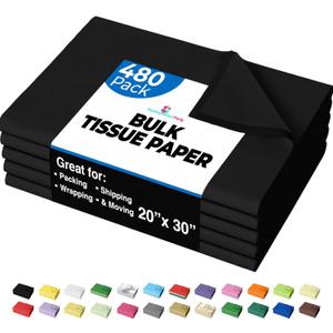 Black Tissue Paper for Gift Bags - 20" X 30" Bulk Tissue Paper Black 480 Sheets - 10lb Newsprint for Packing, Birthday Gift Box Filler, Packing Supplies for Moving Supplies Crown Display