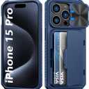 for iPhone 15 Pro Wallet Case, Slide Camera Cover, Military Grade Protection, Built-in Credit Card Holder (4-5 Cards), Heavy Duty Men Women Protective Phone Case for iPhone 15 Pro 6.1", Blue