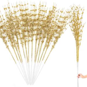 Geosar 14 Pcs Long Artificial Glitter Berry Stem Ornaments 28 Inch Fake Christmas Picks Christmas Tree Decoration Stems Xmas Decorative Bead Sticks Glittery Twig Branches for DIY Wreath Decor (Gold)