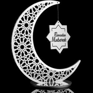 10 inch Ramadan Decorations Acrylic Islamic Table Centerpiece Ramadan Mubarak Sign EID Decoration Islamic Home Decor Crescent Moon Hollow Star Ornament for Eid Mubarak Tabletop (Silver)