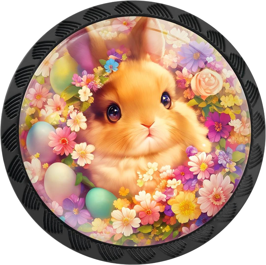 2 x 4 Pack Spring Bunny with Easter Eggs and Floral Cabinet Knobs Round Drawer Pulls Black Dresser Knob Cupboard Door Handles Hardware for Kitchen Bathroom Cabinets