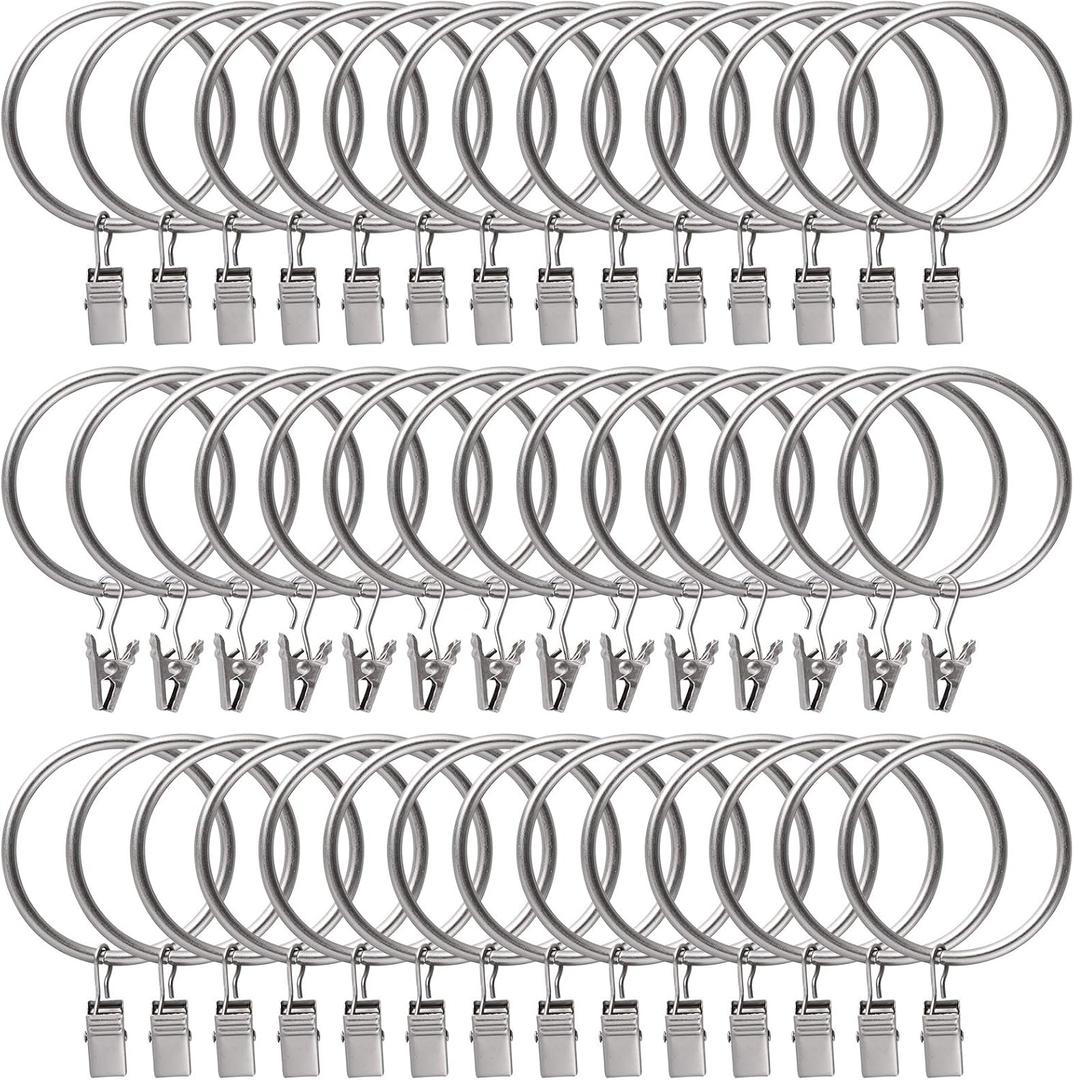 44 Pack Curtain Rings with Clips Hooks 2 inch Rustproof Matte Metal Stainless Steel Drapery Rings for Tension Rod Bracket Eyelets Decorative Hangers, Matte Silver (2" Interior Diameter)