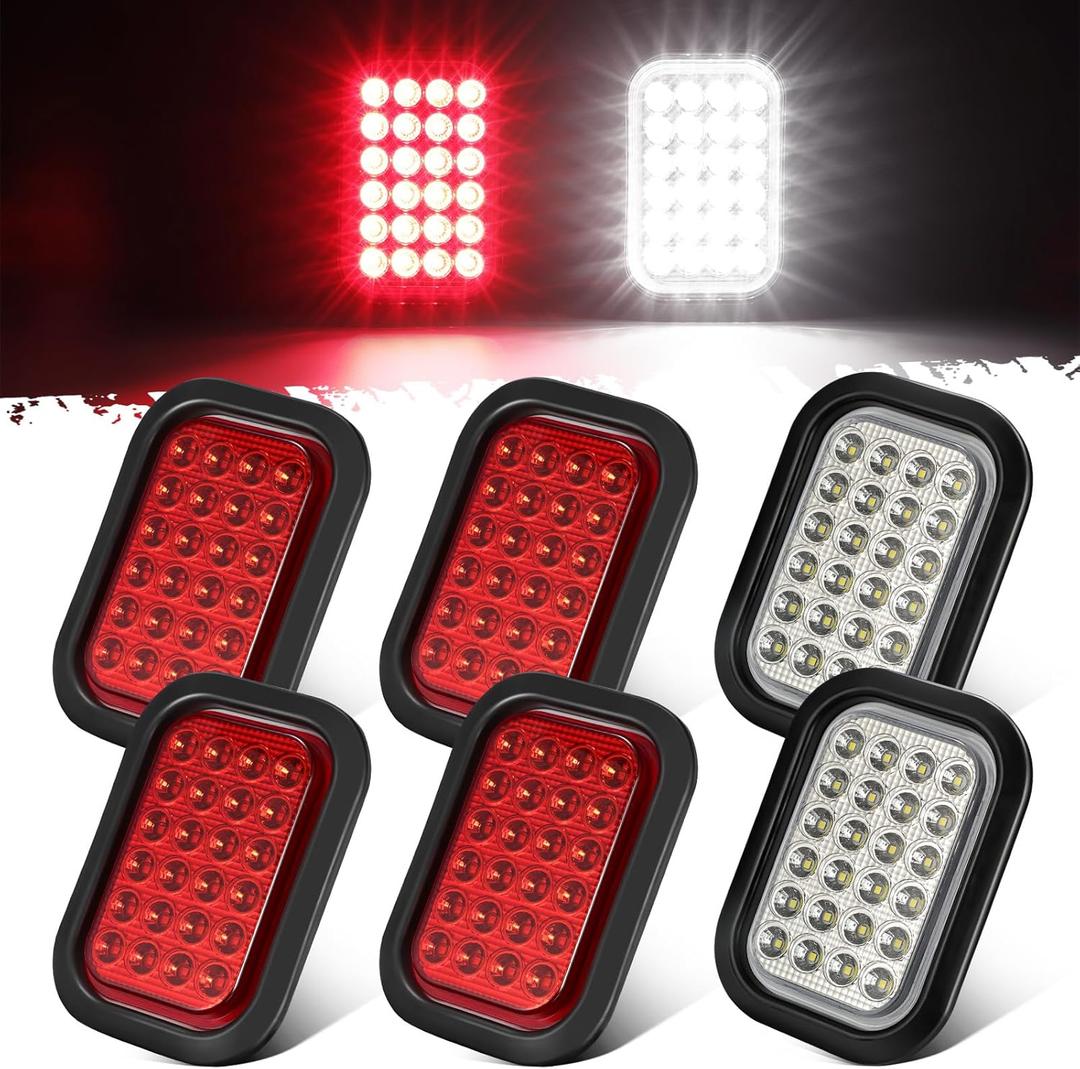 Partsam 6x 5x3 Inch Rectangle Stop Turn Tail Reverse Backup Running Lights Red Clear Lens 24LEDs LED Truck Trailer Hitch Tail Lights Sealed Flush Mount 3 Prong Watertight Plug Rubber Grommet 12V IP67