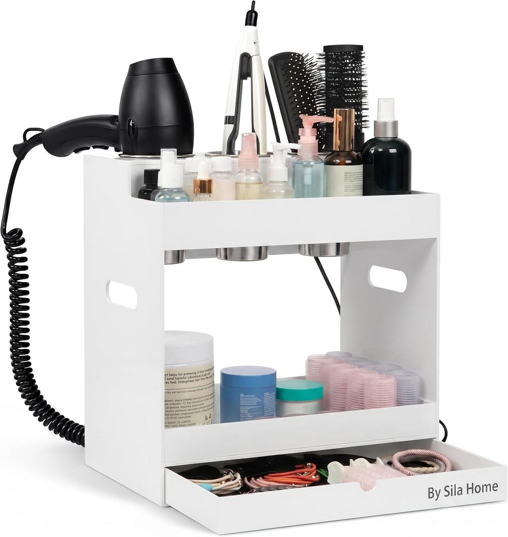 Hair Tool Organizer Countertop Extra Wide Bay | Bathroom & Hot Tools Organizer For Hair | Hairdryer Holder For Bathroom Vanity | Hot Tools Storage for Curling Iron Straightener, 3 Stainless Cups White