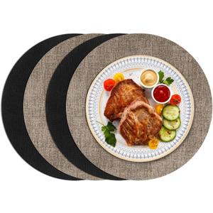 Round Placemats Set of 4, Faux Leather Heat Resistant Place Mats Reversible Waterproof Oil-Proof Non-Slip Wipeable Mat for Kitchen Dining Table Indoor Outdoor, Black Khaki