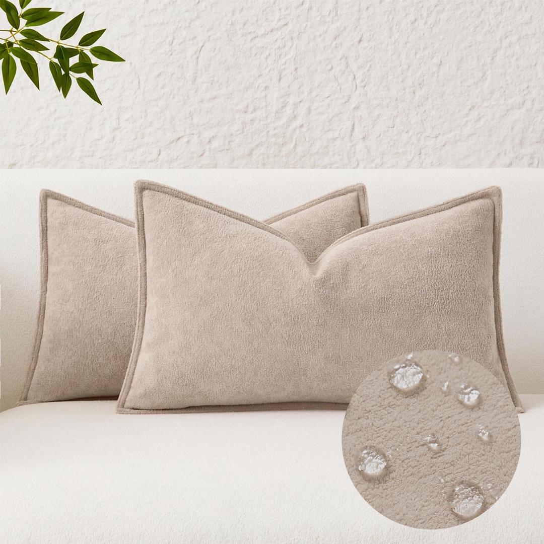 Kevin Textile Waterproof Decorative Pillow Covers Khaki 12x20 Inch Pack of 2 Soft Boucle Textured Lumbars Cushions Elegant Accent Pillows for Couch Sofa Chair Bed Home Decor Indoor Outdoor