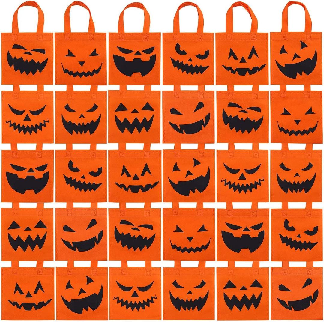 Elcoho 30 Packs Halloween Non-woven Bags 8x8 Inch Pumpkin Bags Trick or Treat Bags Party Goody Tote Gift Bag with Handles Party Favors, 10 Styles
