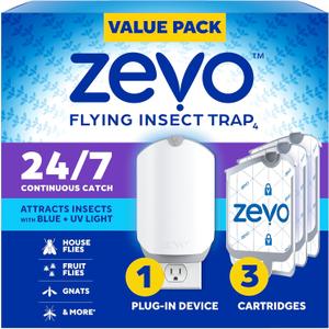 Zevo Flying Insect Trap & 3 Refill Cartridges - Plug in Fly Trap & Indoor Bug Catcher for Gnats, House & Fruit Flies - Blue & UV Light Technology, Mess-Free Alternative to Bug Zapper