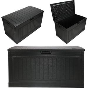Suncast 80-Gal. Resin Large Outdoor Patio Deck Box with Pad-Lockable Lid, Modern Outdoor Patio Bench/Storage Box for Cushions, Garden Tools, and More, Iron Ore