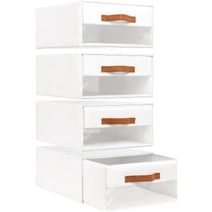 DIMJ Closet Organizers and Storage - Fabric Bins with Drawers for Closet Foldable Clothes Organizers with Clear Window, Stackable Storage Drawers Units for Bedroom, Living Room, 4-Pack, White